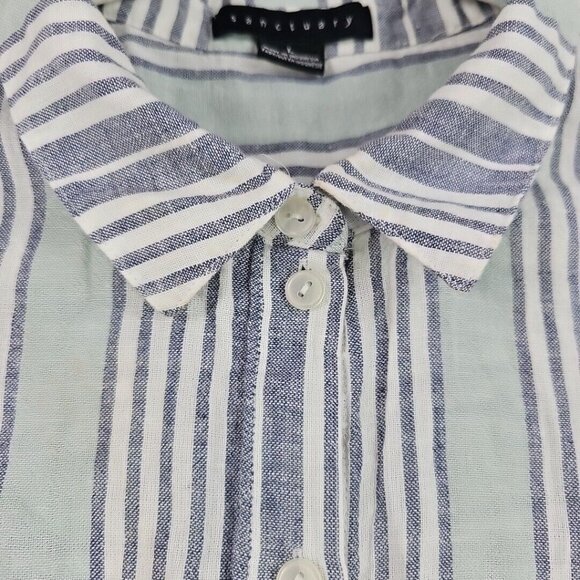 Sanctuary Shirt Womens Size L Linen Blend Oversized Tie Front Blue Mint Striped - Picture 2 of 8